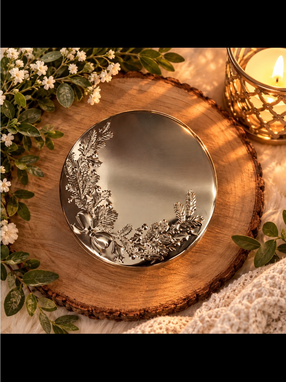 Bath & Body Works Silver Embossed Floral Round Wall Mirror